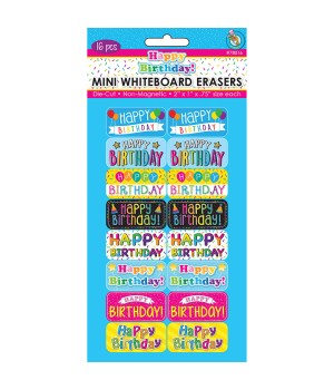 Non-Magnetic Mini Whiteboard Erasers, Happy Birthday, Pack of 16