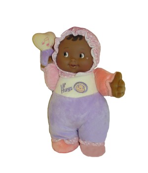 Lil' Hugs Baby's First Soft Doll, Vinyl Face, Pastel Outfits with Rattle, 12" African-American