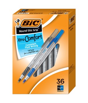 Round Stic Grip Xtra Comfort Ballpoint Pens, Medium Point (1.2mm), Assorted Colors, 36-Count Pack, Assorted Pens for Office Supplies