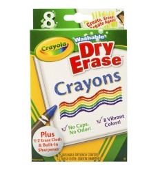 Dry Erase Washable Crayons, Vibrant Colors, 8 Count