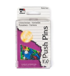Push Pins, Assorted Colors, Box of 100