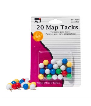 Map Tacks, 3/8" Head, Assorted Colors, Pack of 20