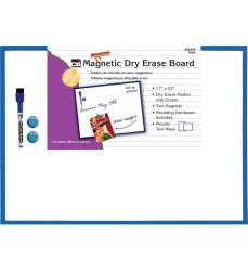 Magnetic Dry Erase Board, 17" x 23", w/Eraser/Marker and 2 Magnets, Blue Frame, 1 Each
