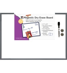 Magnetic Dry Erase Board, 17" x 23", w/Eraser/Marker and 2 Magnets, Gray Frame, 1 Each