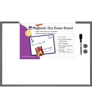 Magnetic Dry Erase Board, 17" x 23", w/Eraser/Marker and 2 Magnets, Gray Frame, 1 Each