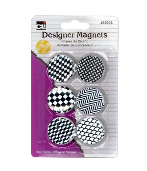 Designer Button Style Magnets, Assorted Designs, Black/White, Pack of 6