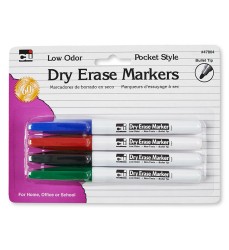 Dry Erase Markers, 4 Colors, Bullet Tip, Pack of 4