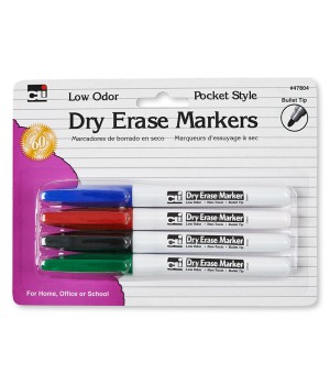 Dry Erase Markers, 4 Colors, Bullet Tip, Pack of 4