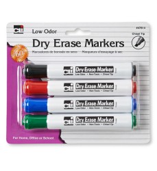 Dry Erase Markers, Barrel Style, Low Odor, Chisel Tip, Assorted Colors, Pack of 4