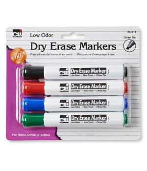 Dry Erase Markers, Barrel Style, Low Odor, Chisel Tip, Assorted Colors, Pack of 4