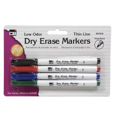 Dry Erase Markers, Thin Line Style, Assorted Colors, Pack of 4