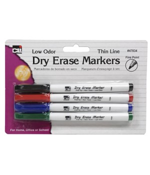 Dry Erase Markers, Thin Line Style, Assorted Colors, Pack of 4