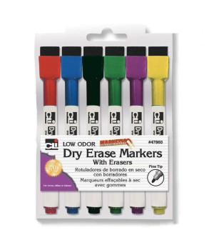 Magnetic Dry Erase Markers with Erasers, Pack of 6