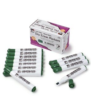 Dry Erase Markers, Barrel Style, Chisel Tip, Green, Pack of 12