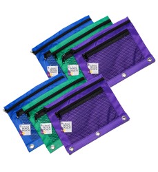 Pencil Pouch, 2 Pocket with Mesh Front, 3 Assorted Colors, Pack of 6
