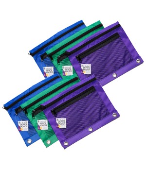 Pencil Pouch, 2 Pocket with Mesh Front, 3 Assorted Colors, Pack of 6