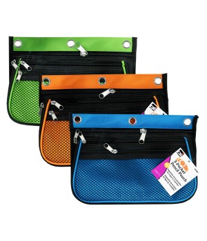 3 Pocket Pencil Pouch, Expanding to 2.25", 10.25"W x 7.25"H x 2.5"D - Assorted Colors, Pack of 3