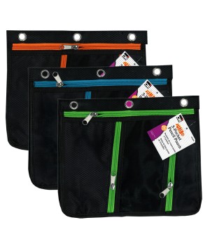 3 Pocket Pencil Pouch, Expanding to 1", 11"W x 9.5"H x 1"D - Assorted Colors, Pack of 3