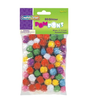 Glitter Pom Pons, Assorted Colors, 1/2", 80 Pieces