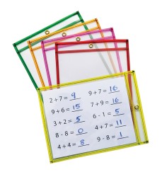 Dry Erase Pockets, 5 Assorted Neon Colors, 9" x 12", 10 Pockets