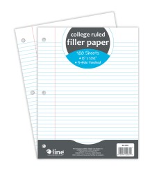 Filler Paper, College Ruled, 8" x 10-1/2", White, 100 Sheets