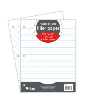Filler Paper, Wide Ruled, 8" x 10-1/2", White, 100 Sheets
