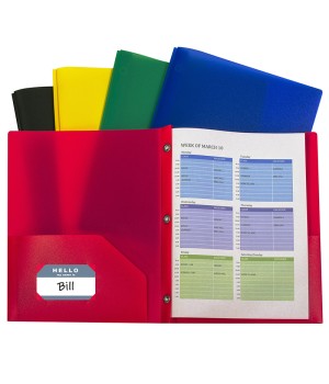 Two-Pocket Heavyweight Poly Portfolio Folder with Prongs, Assorted Primary Colors, Pack of 10