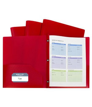 Two-Pocket Heavyweight Poly Portfolio Folder with Prongs, Red, Pack of 10