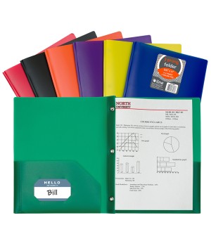 Two-Pocket Heavyweight Poly Portfolio Folder with Prongs, Assorted Primary Colors, Pack of 36