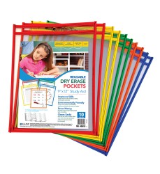 Reusable Dry Erase Pockets, Primary Colors, 9 x 12, Pack of 10