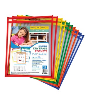 Reusable Dry Erase Pockets, Primary Colors, 9 x 12, Pack of 10