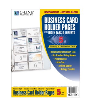 Business Card Holder, Poly with Tabs, Holds 20 Cards/Page, 11" x 8-1/2", Pack of 5