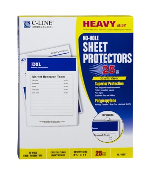 No-Hole Heavyweight Poly Sheet Protectors, Clear, Top Loading, 11" x 8-1/2", Box of 25