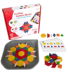 FunPlay Pattern Blocks - Set of 60 Wooden Math Manipulatives + 50 Activities + Messy Tray