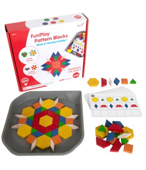 FunPlay Pattern Blocks - Set of 60 Wooden Math Manipulatives + 50 Activities + Messy Tray