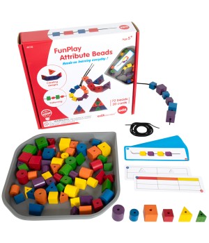 FunPlay Attribute Beads - 72 Wooden Lacing Beads + 2 Laces + 40 Activities + Messy Tray