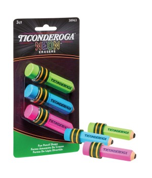 Pencil Shaped Neon Erasers, 3 Count