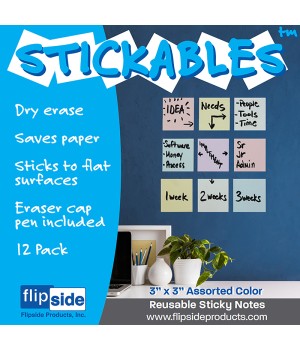 Dry Erase Stickables with Dry Erase Marker, Pastel Assorted, 3" x 3", Pack of 12