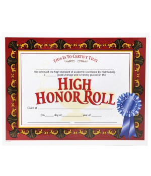 High Honor Roll Certificate, 8.5" x 11", Pack of 30