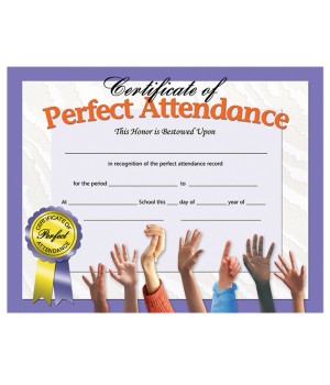 Certificate of Perfect Attendance, 8.5" x 11", Pack of 30