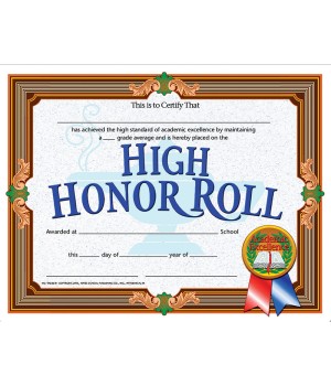 High Honor Roll Certificate, 8.5" x 11", Pack of 30