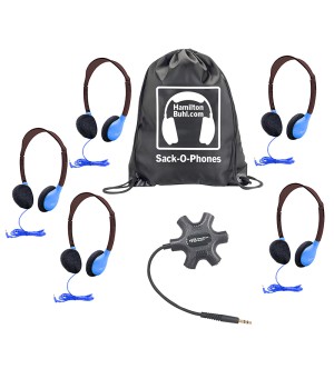 Galaxy Econo-Line of Sack-O-Phones with 5 Blue Personal-Sized Headphones, Starfish Jackbox and Carry Bag