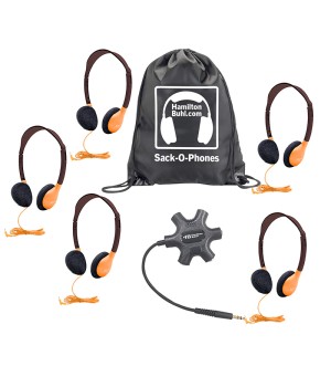 Galaxy Econo-Line of Sack-O-Phones with 5 Orange Personal-Sized Headphones, Starfish Jackbox and Carry Bag