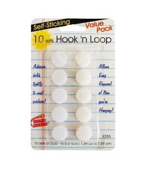 Self-Sticking Hook 'N Loop Dots 5/8", White, 10 Sets