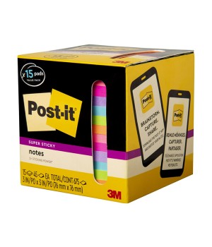 Super Sticky Notes, 3 in. x 3 in., Assorted Bright Colors, 45 Sheets/Pad, 15 Pads/Pack