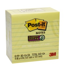 Super Sticky Notes, 4" x 4", Canary Yellow, Lined, 90 Sheets Per Pad, 6 Pads