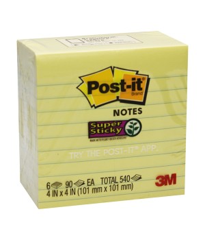 Super Sticky Notes, 4" x 4", Canary Yellow, Lined, 90 Sheets Per Pad, 6 Pads