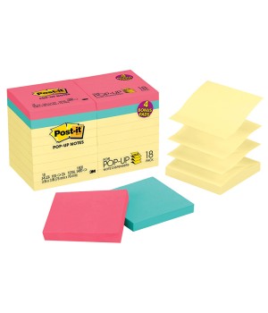 Dispenser Pop-up Notes Value Pack, 3 in x 3 in, Canary Yellow, 14 Pads plus 4 Pads in Assorted Color