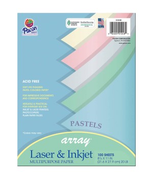 Pastel Multi-Purpose Paper, 5 Assorted Colors, 20 lb., 8-1/2" x 11", 100 Sheets