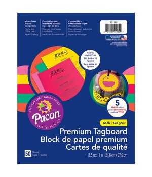 Premium Tagboard, 5 Assorted Bright Colors, 8-1/2" x 11", 50 Sheets